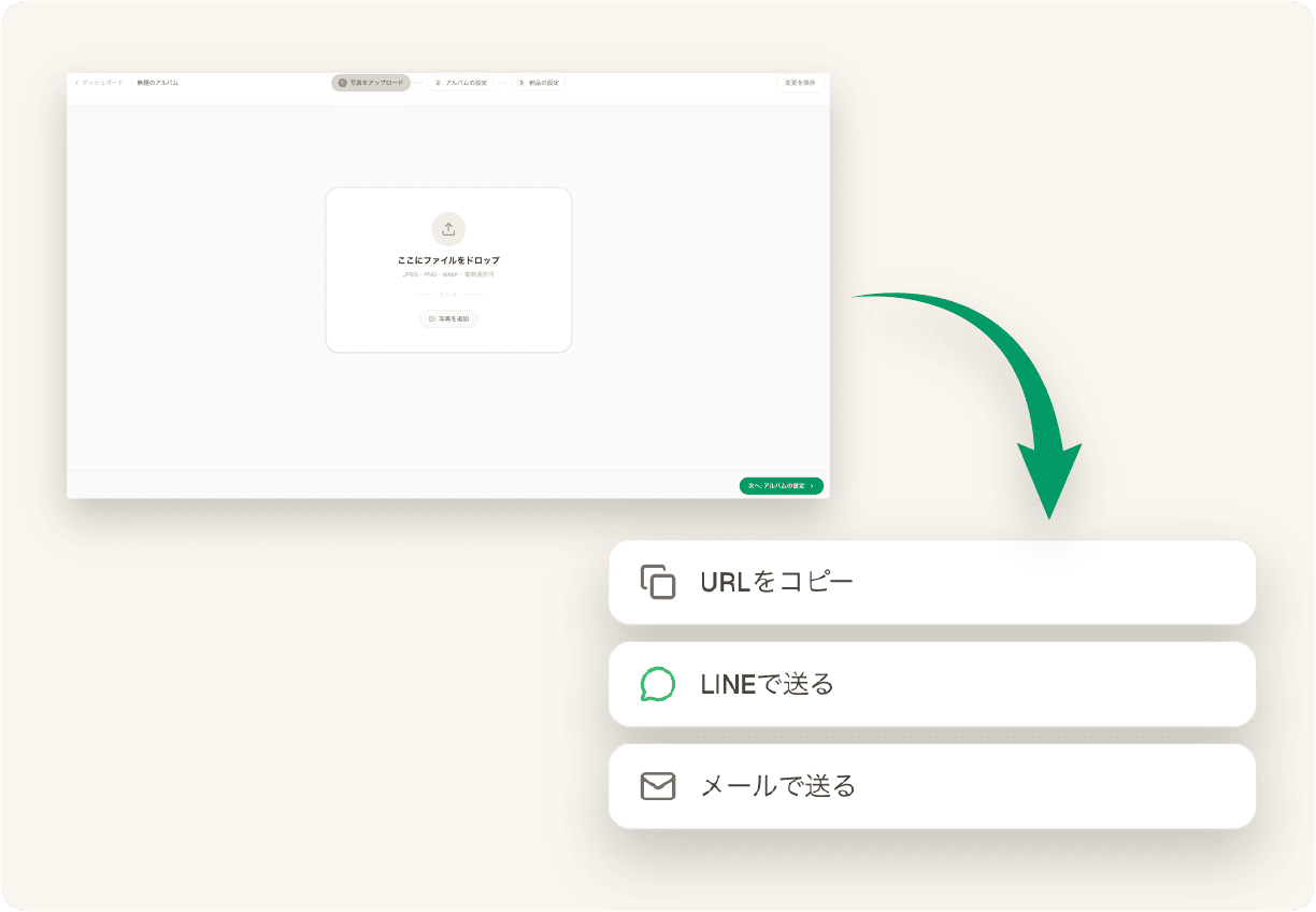 アップロードしてURLを共有する操作画面